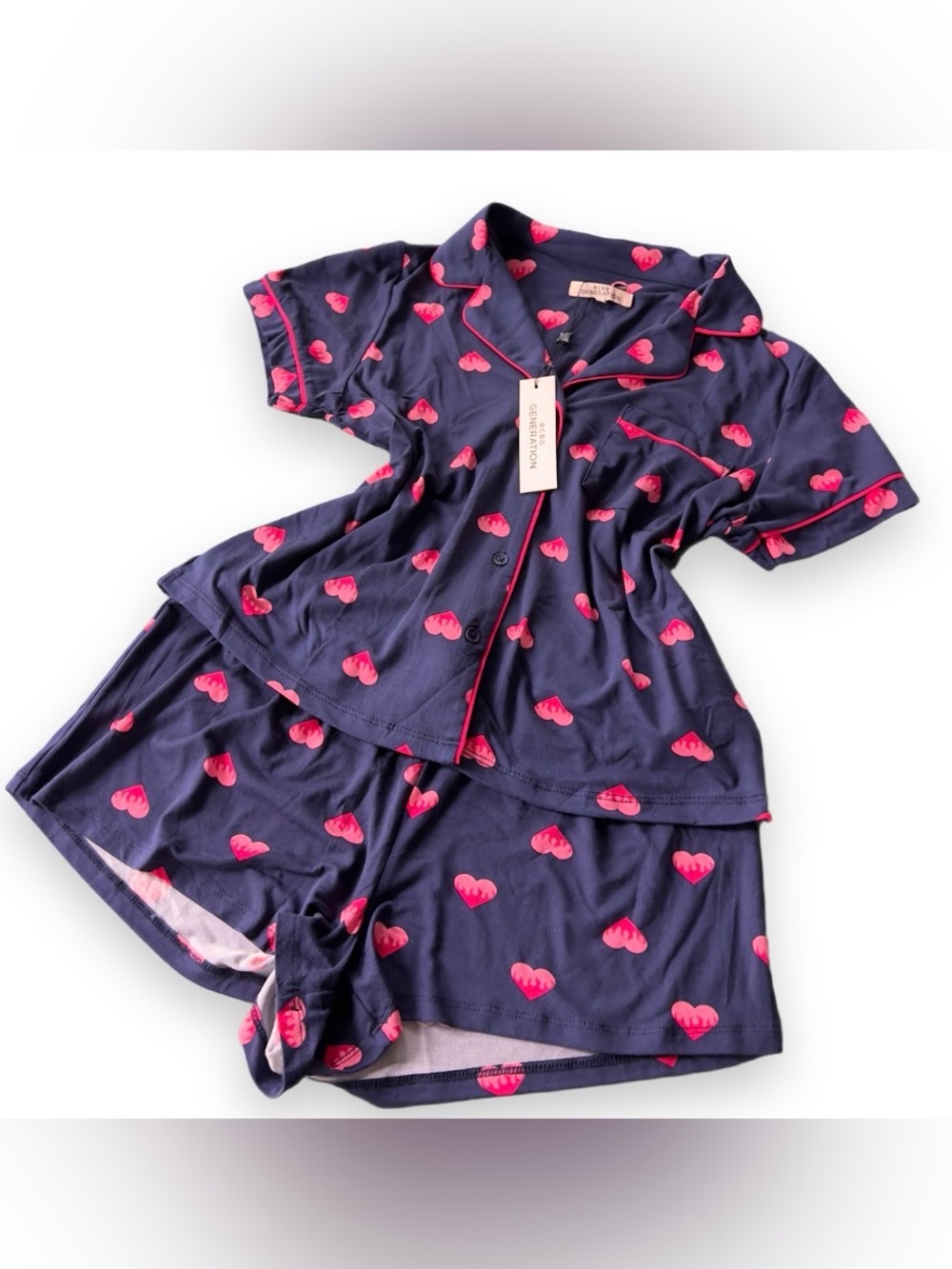 NWT. BCBG Navy Short Pajama Set with Pink Heart Print